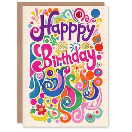Artery8 Birthday Card Retro Hippy Flower Fun Joyful Colourful Design For Her Gran Sister Niece Daughter Wife Woman Greeting Card