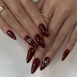 MERVF Almond Press on Nails Medium Fake Nails Press ons Red Burgundy Glue on Nails with Bow Rhinestones Design Stiletto Acrylic Nails Glossy 24pcs False Nails for Women