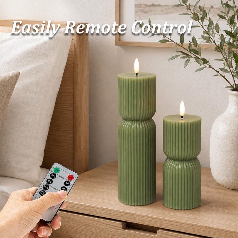 JOIONE Ribbed Green LED Flameless Candles 2 Pack with Remote