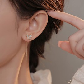 SLUYNZ 925 Sterling Silver CZ Butterfly Dangle Earrings Chain for Women Teenager Butterfly Dangling Earrings Threader Tassel, Sterling Silver