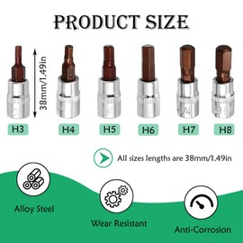 YAISUHCHNYE Hex Bit Socket Set, 6 PCS 1/4" Drive Allen Key Socket H3-H8/3mm-8mm S2 Alloy Steel Socket Drive Adaptor for Torque Wrench Ratchet Wrench Impact Power Drills