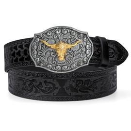 LEACOOLKEY Western Cowboy Leather Belt for Men Longhorn Bull Buckle Belt 1.5" Wide Floral Engraved Embossed Leather Belt，Black,Fit Size 39"-44"