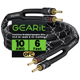 GEARit 10AWG Speaker Cable Wire with Gold-Plated Banana Tip Plugs (6 Feet) in-Wall CL2 Rated, Heavy Duty Braided, 99.9% Oxygen-Free Copper (OFC) - Black, 6ft