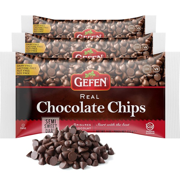 Gefen Vegan Semi Sweet Real Dark Chocolate Chips, Dairy Free 255g (Pack of 3), Nut Free, Lactose Free, Kosher, Great for Baking (255g x 3)