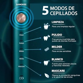 SANGKEE Cepillo de Dientes Eléctrico Potente Limpieza Sónica, 6 cabezales de cepillo Duponts, 5 modos, Carga rápida de 3 horas para 45 días de uso, Motor de 38,000 VPM, Cepillos de dientes sónicos recargables blanqueadores para adultos y niños (verde)