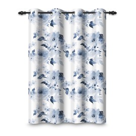 ggaimwf 132x214cm Flower Eyelet Curtain Navy Blue Watercolor Painting Flora Thermal Insulated Blackout Grommet Window Drapes for Living Room Bedroom Kitchen,1-Single Panel