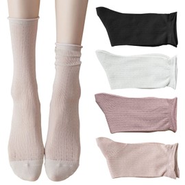 zrylibya Women Cute Roll Top Turn Cuff Slouch Socks Hollow Out Crochet Solid Casual Crew Socks 4 Pairs (Multicolor B)