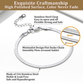 Bestyle Stainless Steel Women's Anklet in Trendy Snake Design Summer Accessory, Width 3 mm / 5 mm, Adjustable 22 + 5 cm, Silver/Gold/Rose Gold/Black, Stainless Steel