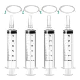 Pack of 4 Syringes, 60 ml, Plastic Syringe with Hose, Reusable Colostrum Syringe, Individually Sealed Packaging, for Laboratory, Animal Feeding, Plant Watering, Measuring Liquids