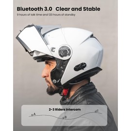 ILM Bluetooth Motorcycle Modular Helmet 2-3 Riders Intercom Flip up Full Face Helmet with Dual Visor DOT Model 159BT (White, L)