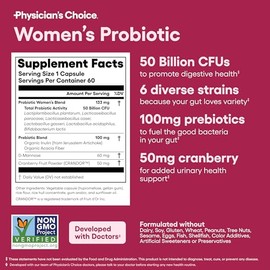 Physician's CHOICE Prebióticos y probióticos para mujeres - ProCran respaldado por la ciencia - Prebióticos orgánicos, 50 mil millones de UFC, D-Manosa y Arándano para la salud digestiva, inmune, femenina, sin soja y lácteos, 60 cápsulas veganas