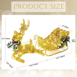 GAOMON Gold Reindeer Christmas Decor, Metal Frame Christmas Reindeer with Sleigh, Tabletop Reindeer Statue Christmas Decor, Lighted Deer Figurine, Battery Operated Glittering Xmas Holiday Party Supply