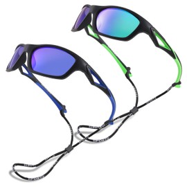 Pro Acme Kids Baseball Sports Polarized Sunglasses with Strap Unbreakable Flexible for Youth Boys Girls Age 4-12(2 Pack (Green Frame/Green Mirrored Lens + Dark Blue Frame/Dark Blue Mirrored Lens))