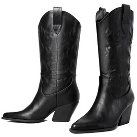 Mostrin Cowboy Boots Women Cowgirl Boot Chunky Block Heeled Knee High Tall Mid-calf Shoes Western Boots Black Size 8