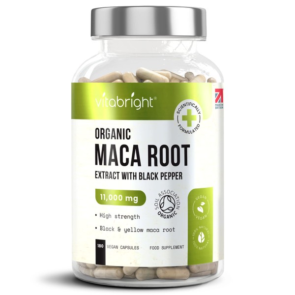 Organic Maca Root Capsules - 11000mg High Strength - 180 Capsules (3 Month Supply) - Premium Quality Black and Yellow Maca Extract - Black Pepper to Boost Absorption - Made in UK by VitaBright
