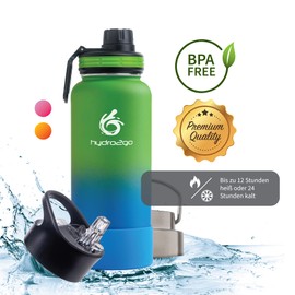 hydro2go ® Stainless Steel Water Bottle 1000 ml / 1 Litre - for Sports, Fitness & Outdoor | Thermal Stainless Steel Bottle BPA Free + 3 Drinking Caps | 100% Leak-Proof Thermos Flask