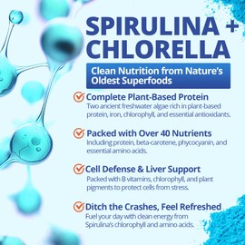 Organic Blue Spirulina & Chlorella Gummies, Excellent Source of Vegan Protein, essential amino acids, chlorophyll, B-complex, Essential Minerals for Energy, Antioxidants, Det❤x, Immunity, 60 Cts