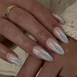 IQXGE White Acrylic Press on Nails Almond Medium Acrylic Nails Press Ons Full Cover Glue on Fake Nail with Rhinestones Designs Silver Glitter Artificial Stick on False Nail for Women and Girls