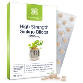healthspan Healthspan Ginkgo Biloba 6,000mg | High Strength | 180 Tablets | Iodine | Vitamin B5 | Flavone Glycosides | Vegan
