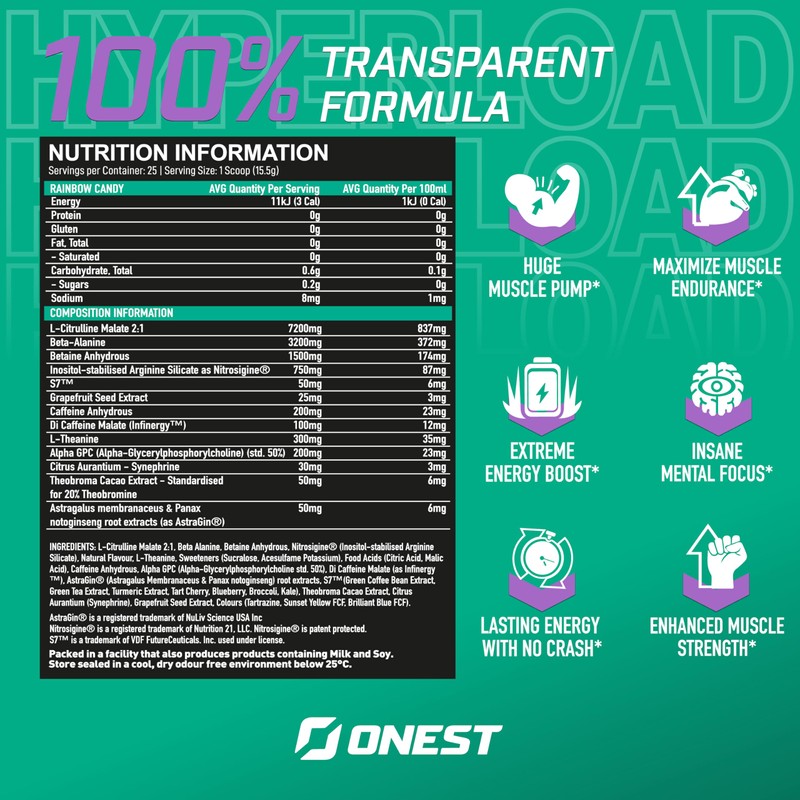 ONEST Hyperload Pre Workout Supplements 387.5g Enhances Explosiveness Muscle Strength