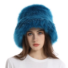 Fuzzy Bucket Hat for Women Winter Fluffy Furry Plush Faux Fur Hats Rainbow Cute Women's Bucket Hats Blue