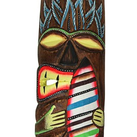 Set of 2 Hand-Carved Polynesian-Style Wooden Surfer Tiki Masks Wall Hanging Tropical Beach Home Decor 12 Inches High - Great for Home Bars, Firepits and Island Themes