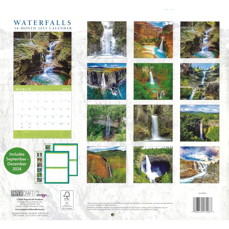 Waterfalls 2025 Full Size Wall Calendar for Planning, Scheduling, and