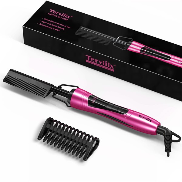 Terviiix Hot Comb Electric, Pressing Combs for Black Hair, Wigs & Beard, Anti-Scald Straightening Comb with Keratin & Argan Oil Infused Teeth, Temperatures Adjustable, 60 Min Auto Shut Off Pink