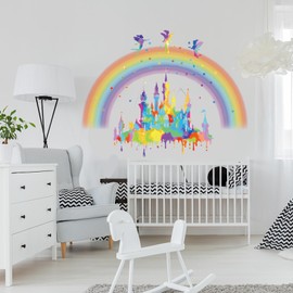 PLIGREAT Rainbow Castle Wall Decals, Colorful Fairy Princess Wall Stickers Removable Watercolor Stars Wall Decor Stickers Vinyl Peel and Stick Wall Decal for Bedroom Nursery Living Room