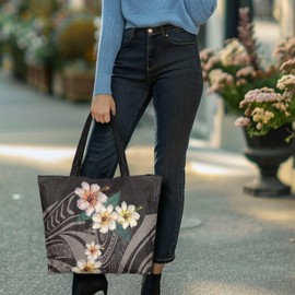 Jolamirel Hawaiian Tribal Print Paper Shopping Tote with Long Handles, Tropical Ethnic Stripes Large Grocery Tote Bag, Tropic Hibiscus Flowers Zipper Business Bags, Black