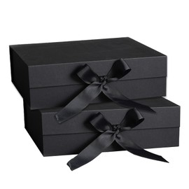 2Pcs Magnetic Gift Box for Presents, 23 x17 x7cm Foldable Gift Box, Boxes Black Gift Box with Ribbon and Lid, for Easter, Wedding, Engagements, Birthdays, Party Favor Boxes