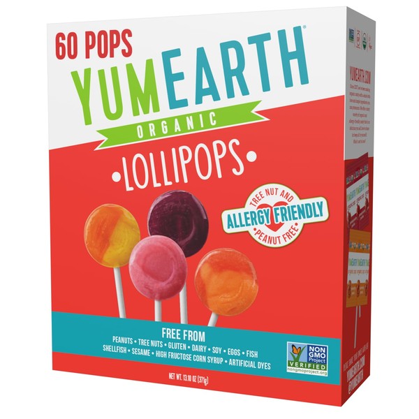 YumEarth Organic Lollipops Variety Pack - Fruit Flavored Natural Hard Candy Suckers, Gluten-Free Lollipops for Kids - Allergy Friendly, Non-GMO, Vegan, No Artificial Flavors or Dyes - 60 Count