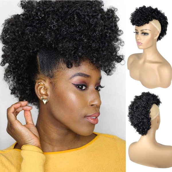 Afro Puff Mohawk Ponytail with Bangs Jerry Curly Non Drawstring Ponytail with Bangs Clip in Synthetic Fauxhawks Afro Puff Bun Short Afro Kinky Curly Hair Bun Warp Hair Extensions with 6 BB Clips