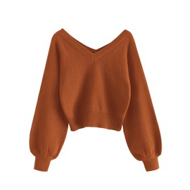 ZAFUL Women's Cropped Sweater V-Neck Long Sleeve Crop Sweater Pullover Jumper Knit Top (1-Pumpkin Orange, M)
