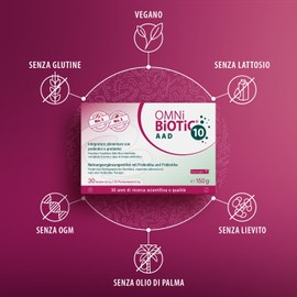 OMNi BiOTiC 10 AAD | 30 Bustine da 5 g | Consigliato durante e dopo la terapia antibiotica | Per l’equilibrio della flora intestinale | Polvere | Con 10 Ceppi Probiotici | VEGANO | Senza OGM |
