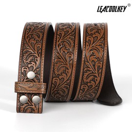 LEACOOLKEY Western Belt Strap for Men without Buckle 1.5" Wide Floral Engraved Embossed Leather Belt Strap,Brown,Fit Size 38"-41"