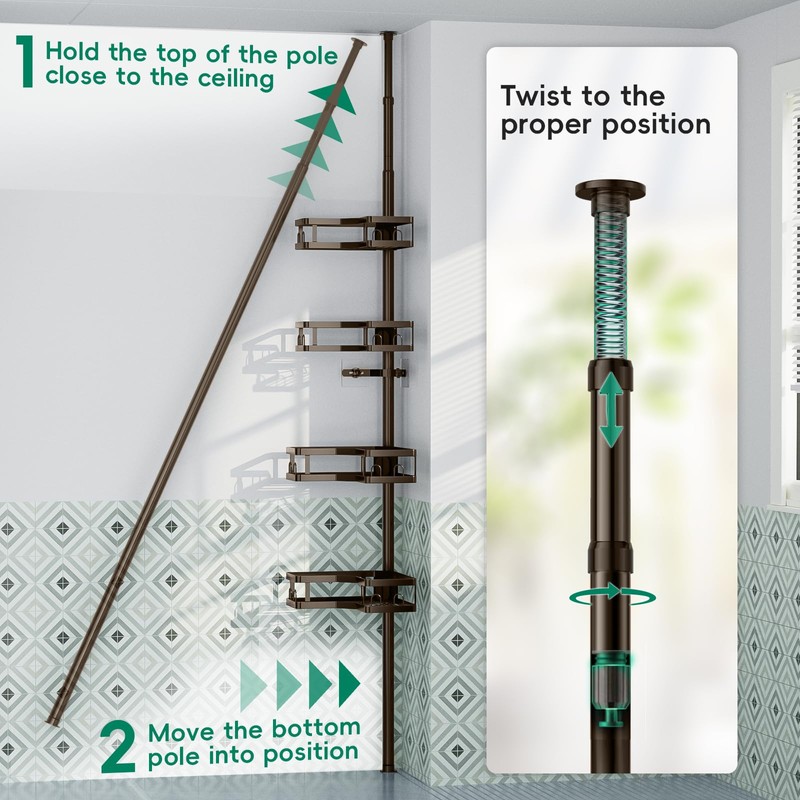 HEVEL Corner Shower Caddy Tension Pole, 4 Tier Adjustable Shower