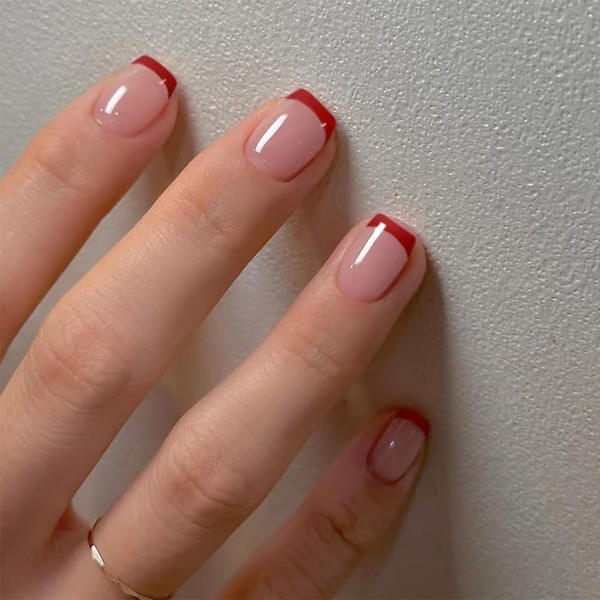 Red French Tip Press on Nails Short Square Petite Fake