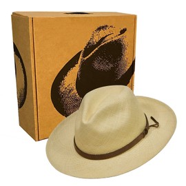 Original Panama Hat - Wide Brim Classic Fedora - Leather Band - Handmade in Ecuador by Ecua-Andino - Hatbox Included (Natural, Brown Leather Band, Large | 58cm - 59cm)