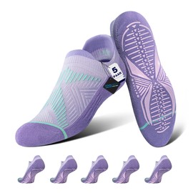 BRISIRA 5 Pairs Coolmax Stopper Socks Women's Yoga Pilates Barre, Bamboo Non-Slip Grip Socks with Heel Pad, Moisture Wicking, Compression Arch Support, Anti-Blister, 35-45, 5 pairs purple, 39