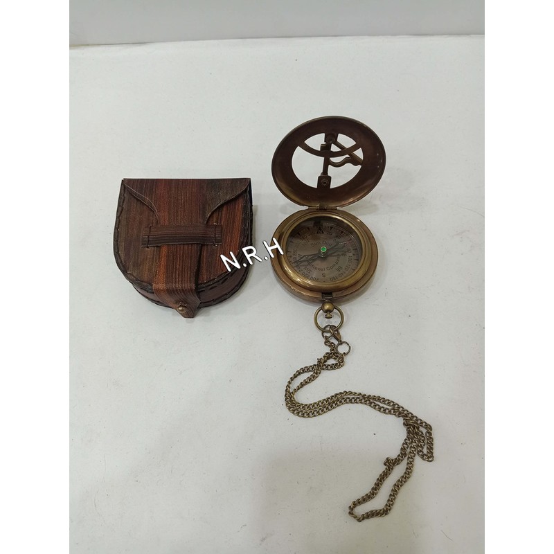 Nautical Sundial Compass Antique Vintage Style with Leather Box and