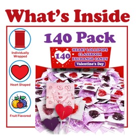 Valentine's Day Heart Lollipops, 140 Count Bulk Valentine Exchange Lollipops, Heart Shaped Assorted Fruit Flavored Lollipops Individually Wrapped, Addressable Labels for Classroom Exchange
