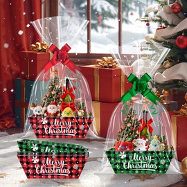12 Set Red Green Christmas Gift Basket Empty with Clear Cellophane Bags, Red Green Plaid Christmas Basket to Fill with Bows Ribbons for Xmas Holiday Winter Birthday Party Supplies