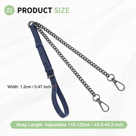 SUIKIHUM Purse Chain Strap, (43.3"-49.2" Adjustable Replacement Bag Straps) Genuine Leather with Metal Grey Chains for Handbag, Crossbody Bag (Dark Blue)