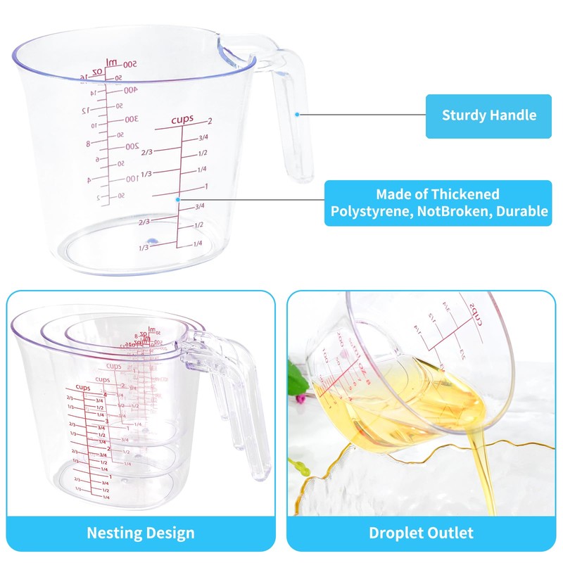 Recogwood 3-Piece Nesting Measuring Cups Set, BPA-Free Plastic Liquid Measuring