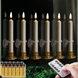NONNO & ZGF 6PACK Flameless 8'' Window Candles +12 AA Batteries(Include)+6 Suction Cup+6 Golden Candleholders. Battery Powered Ivory Taper Candles with Remote and Timer.Remote Included