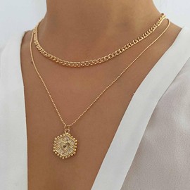 Xduargs Boho Geschichtet Sechseck Anhänger Halskette Gold Klobige Kette Halskette Vintage Sechseck Herz Choker Halskette Einstellbare Muster Sechseck Kugelkette Halskette Schmuck Für Frauen