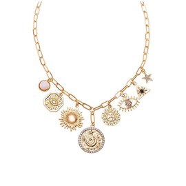 TACBSP Sun Heart Charm Necklace for Women 18K Gold Plated Evil Eye Sun Moon Flower Coin Pendant Necklace Chunky Paperclip Chain Charm Necklace Celestial Jewelry Gifts for Women Men, Zinc, No Gemstone