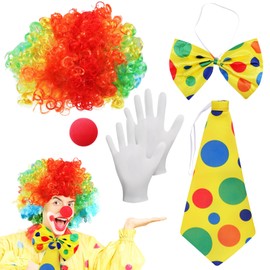 SIWOKJJO Pack of 5 Clown Costume Accessories, Rainbow Wig, Clown, Curl Wig, Clown Nose, Bow Tie, Gloves, Clown Costume Accessory for Men and Women Carnival