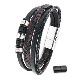 ComPDCVD Leather Bracelet Men's Black Braided Genuine Leather Wide Wrap Bracelet with Magnetic Clasp Men's Bracelet Bracelets for Men Dad Boys Leather Bracelet Men Gifts Jewellery, Leather, Not
